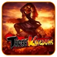 Three Kingdoms slot game logo featuring a heroic warrior against a fiery battlefield