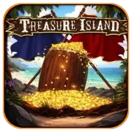 Treasure Island slot game logo featuring a barrel of gold coins on a tropical island